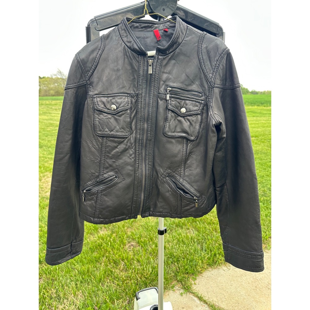 Wilsons Leather Black Moto Jacket Women's Large Cafe Racer Full Zip Multi Pocket